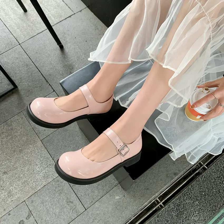 

QUTAA 2021 Mary Janes Buckle Women Pumps Cow Patent Leather Spring Autumn Ladies Shoes Round Toe Square Heels Shoes Size 34-39