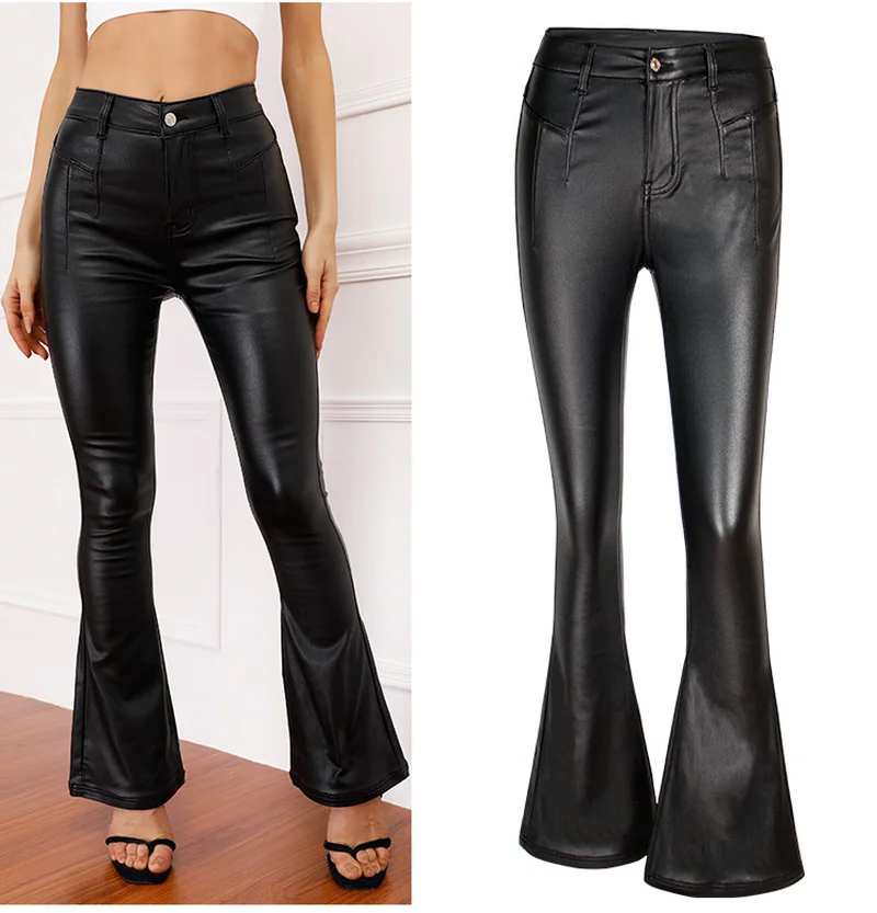 Осенние кожаные брюки для женщин эластичные Облегающие расклешенные с высокой