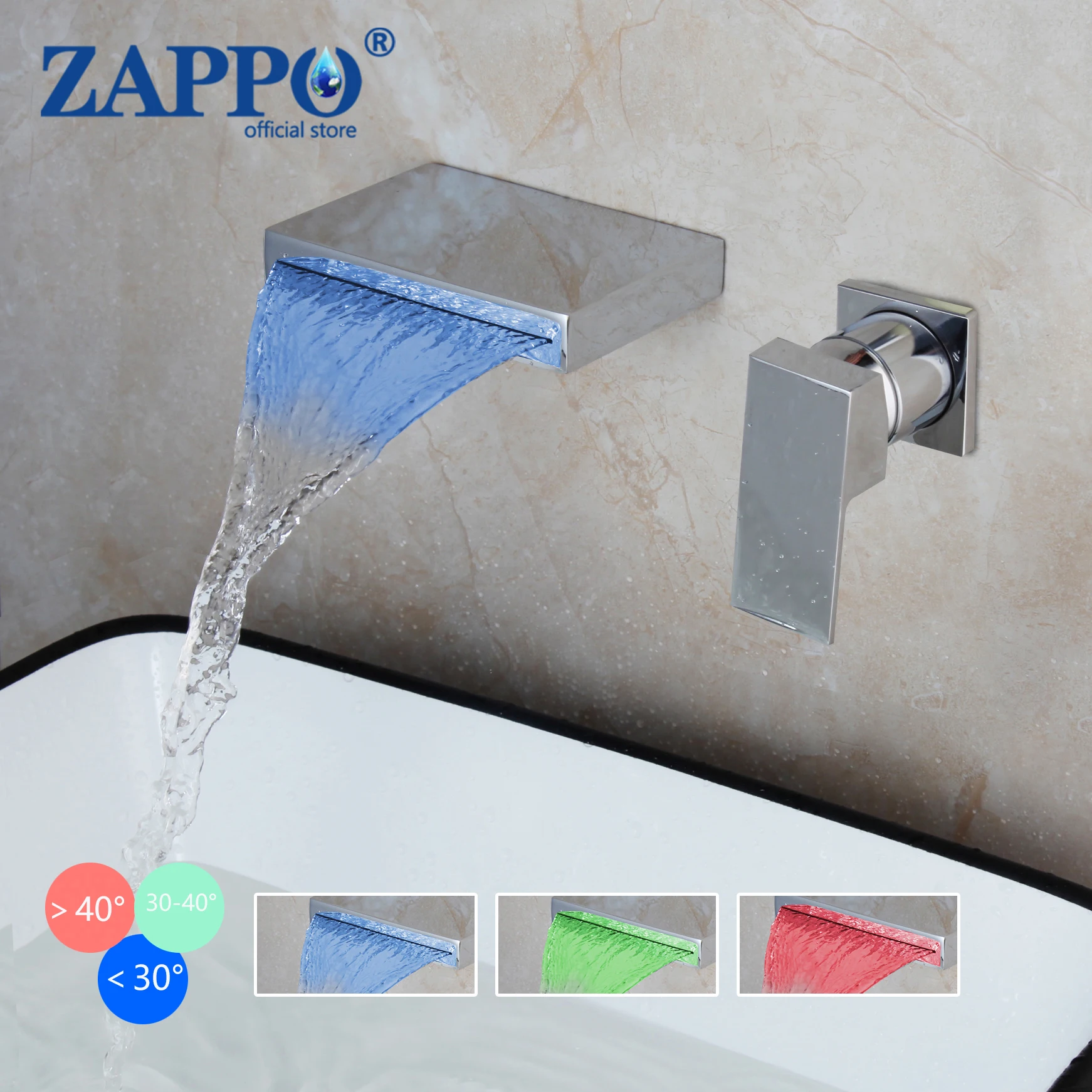 

ZAPPO Chrome Finished Soild Brass Bathtub Faucet Waterfall Wall Mount Bathroom Water Basin Sink Mixer LED Tap Bathtub Faucet