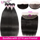 Волосы UNICE 13x4 прозрачного кружева Фронтальная застежка с 3 пряди перуанских прямых человеческих волос пряди Кружева Закрытие 4 шт.