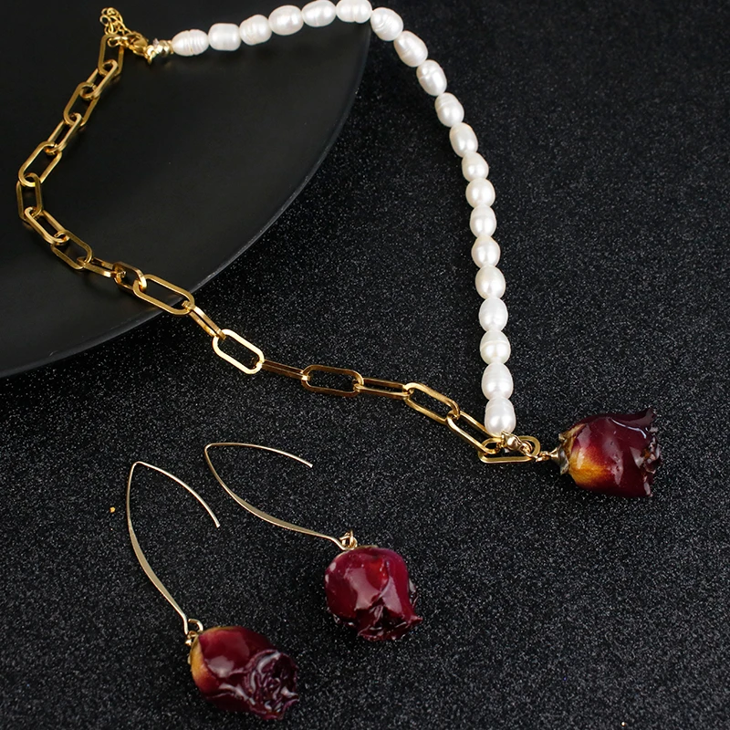 Серьги в форме розы ожерелье из розового жемчуга серебро 925 пробы игольчатые