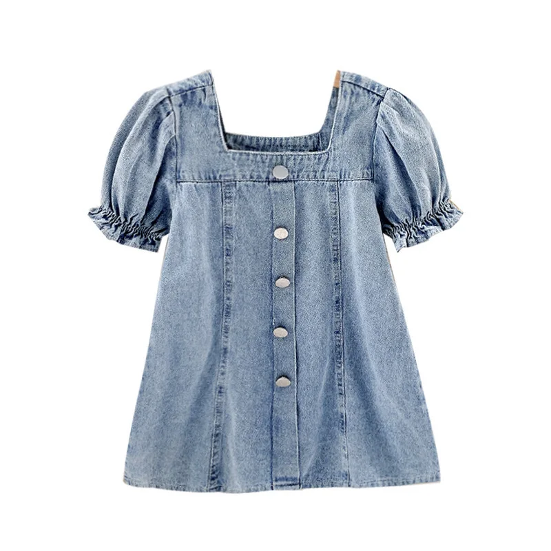 

Summer Puff Sleeve Short Sleeve Denim dresser Korean Pure Color Dress Trendy Girls' Wear kids dresses for girls