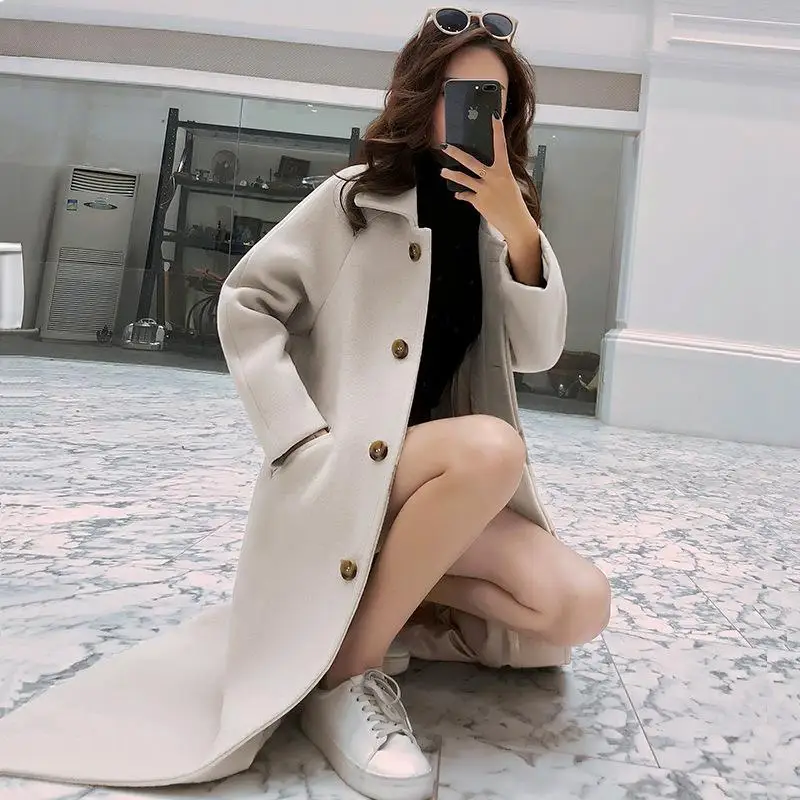 Осенне-зимнее шерстяное пальто женское однобортное шерстяное пальто женское черное теплое тонкое однотонное пальто длинное женское - Цвет: Beige