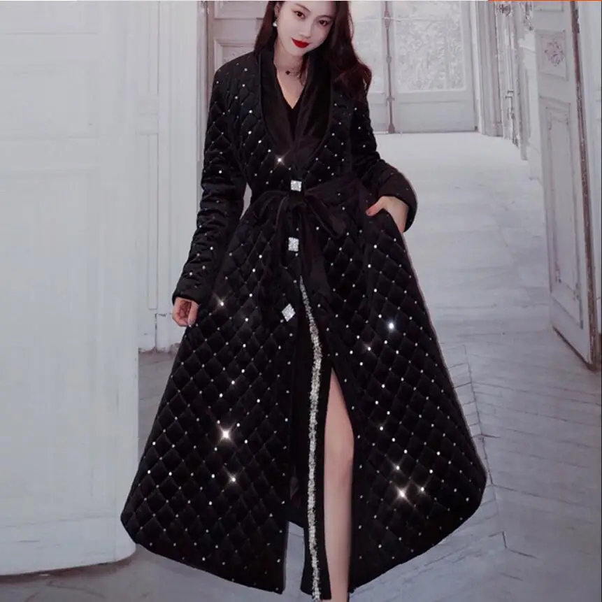 Женская Стеганая куртка с отложным воротником Зимняя Толстая бархатная длинным