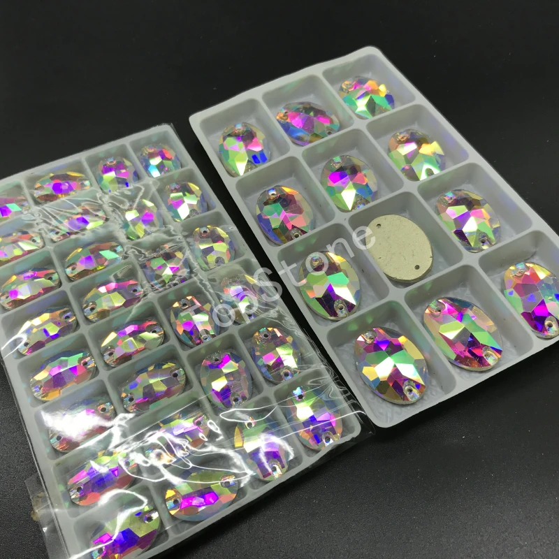 Стразы с овальным кристаллом TopStone 2 отверстия прозрачный цвет AB Размер 7x10 мм 10x14