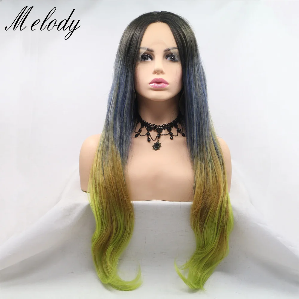 

Melody Wigs Long Natural Wave Mixed Green With Dark Roots Color Gray Ombre to Green 13*3 Synthetic Lace Front Wig for Women