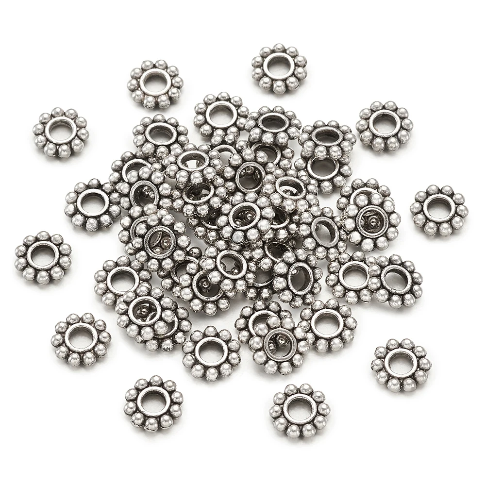 

50pc/lot 6.5mm Tibetan Style Alloy Daisy Wheel Flower Charm Loose Spacer Metal Beads For Jewelry Making DIY Bracelet Accessories