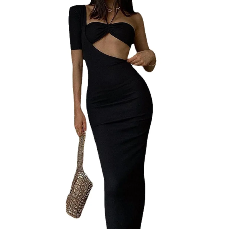 

Elegant Halter Sexy Cut-Out Backless Long Midi Dress Women Club Party Gown Sleeveless Black Bodycon Dresses Skinny