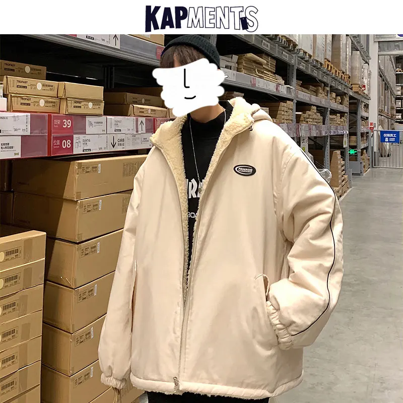 

KAPMENTS Hooded Jackets Men Double Wear Japanese Windbreaker 2022 Mens Winter Lambswool Coats Harajuku Coat Male Vintage Jacket