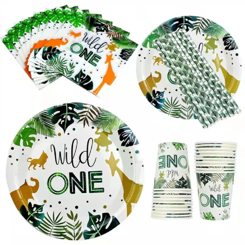 

New Baby Birthday Decorations Wild One Disposable Tableware Safari Jungle Party Paper Plates Napkins Straws Cups Tablecloth