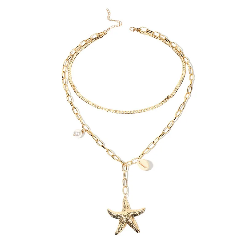 

2020 European and American cross border new accessories ins net red multi layer pearl Starfish Necklace women's Pearl Pendant Ne