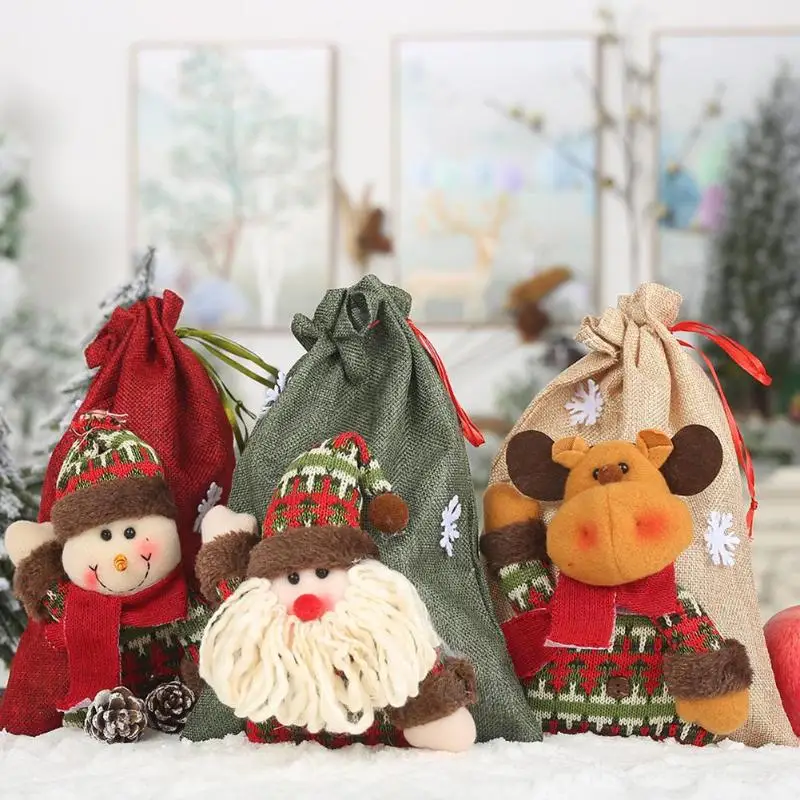 Рождественский льняной шнушнурок яблочный мешок детский конфконфетный подарок мешок домашний декор