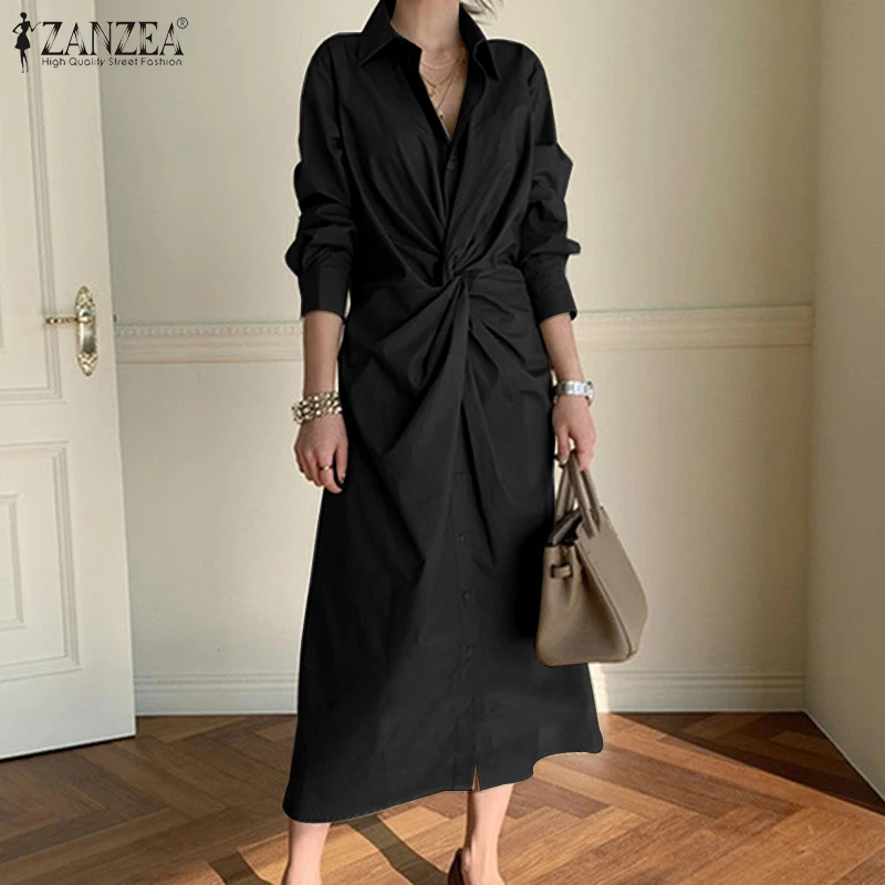 

2021 ZANZEA Elegant Women Long Shirt Dress Autumn Casual Lapel Neck Long Sleeve Party Sundress Office Lady Solid Vestidos