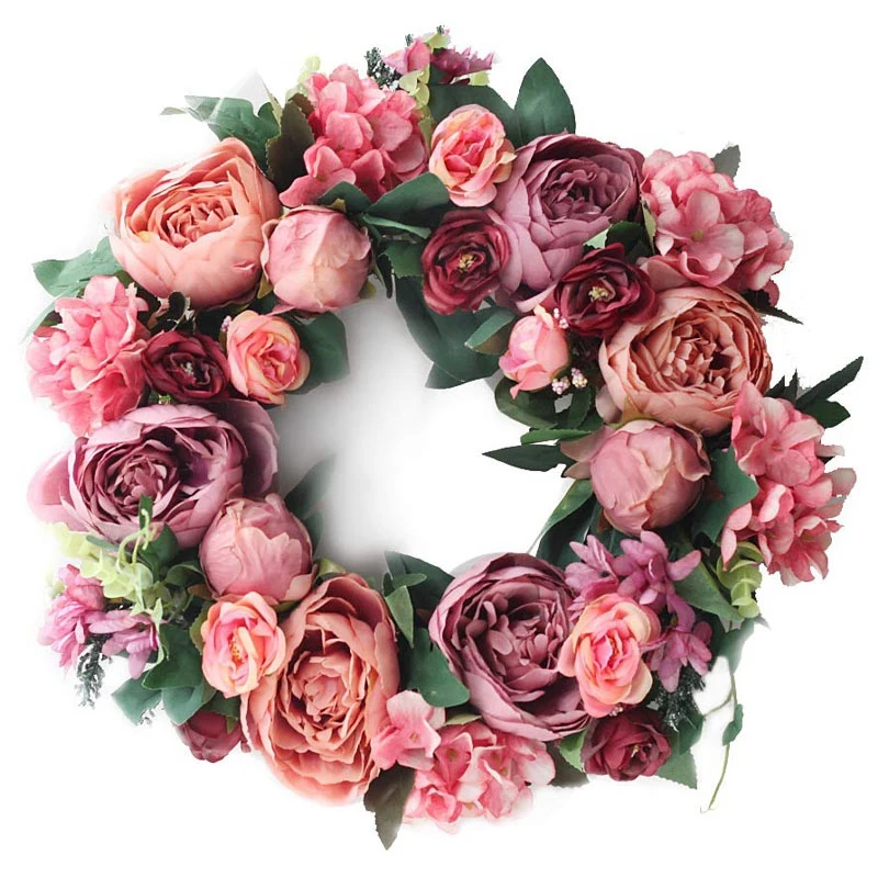 

16 inch Peony Wreath Artificial Flower Door Wreath with Green Leaves Spring Wreath for Front Door Decor, Wedding, Wall, Home Dec