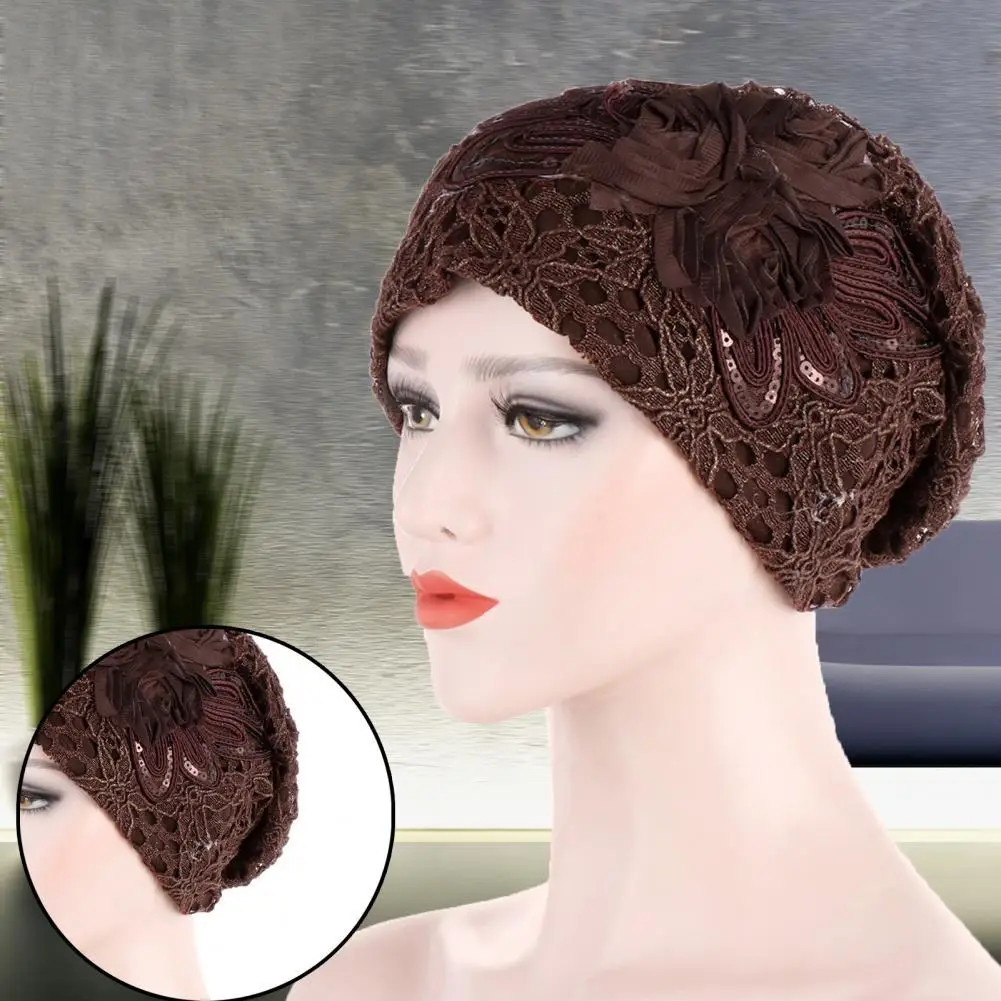 

Pretty Chemo Hat Breathable Hats Lace Design Easy Wear Exquisite Flowers Beanie Chemo Hat