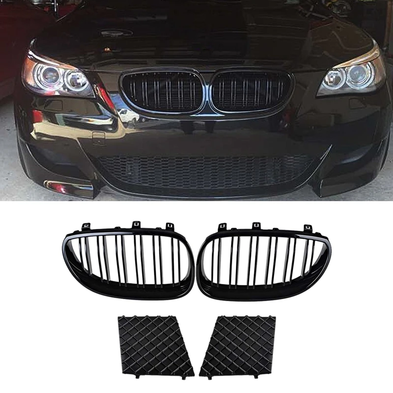 

Передняя левая и правая решетка радиатора, двойная линия + Нижний Бампер, Решетки Гриля для BMW E60 E61 5Series M Sport 2003-2010, черный