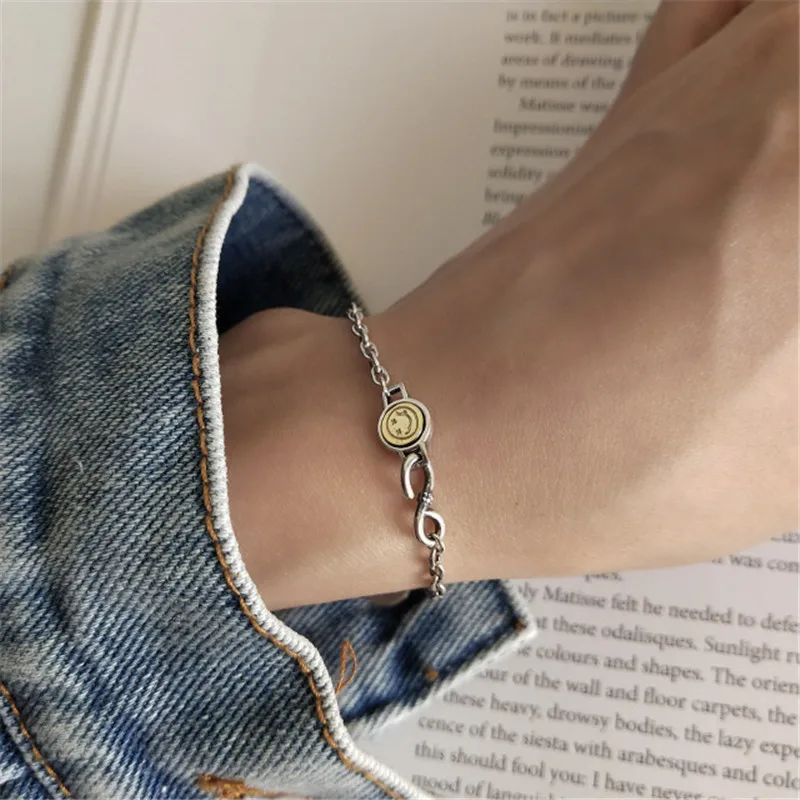 

POFUNUO Real 925 Sterling Silver Korean Style Women Smiling Face Bracelets Girls Vintage Bucklce Chain Luxury Jewelry Bracelets