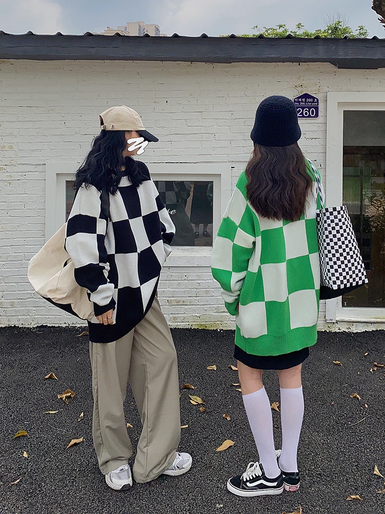 

Женский вязаный свитер в клетку, Теплый Толстый Пуловер большого размера, повседневный свободный джемпер в стиле унисекс, уличная одежда дл...