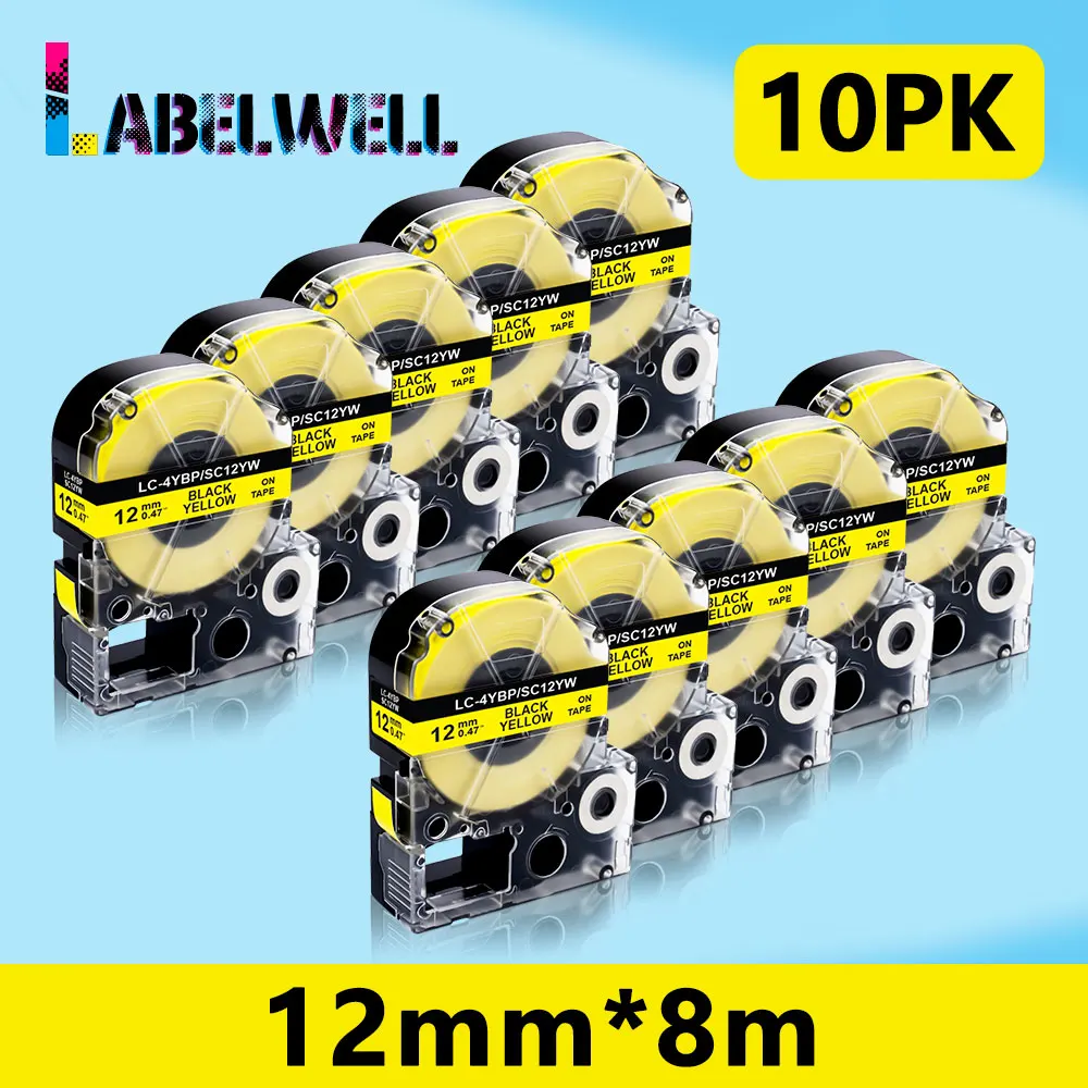 

Labelwell 10 шт. SC12YW ленты для Epson King Джим SC12YW LC-4YBP 12 мм этикетки для Epson King Джим этикетировщик LW-300 LW-400 LW-600P