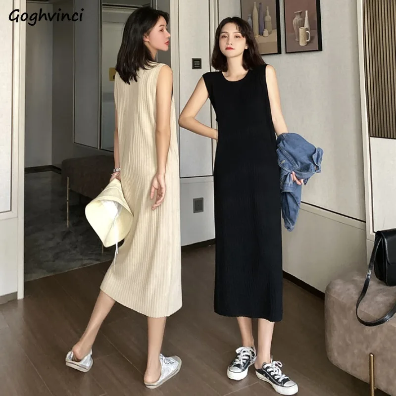 

Женское трикотажное платье без рукавов, однотонное свободное Повседневное платье-чехол с круглым вырезом, до середины икры, универсальное ...