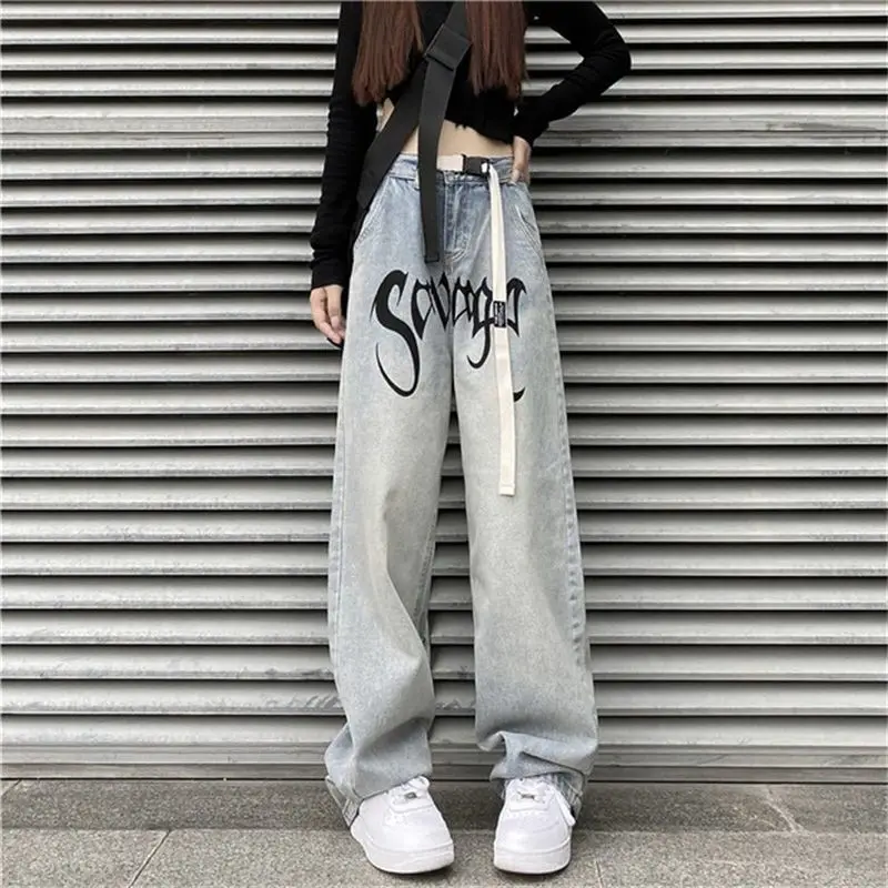 

jeans women high waist slimming letter print high waist casual wide leg pants loose 2021 new straight fashion woman clothes