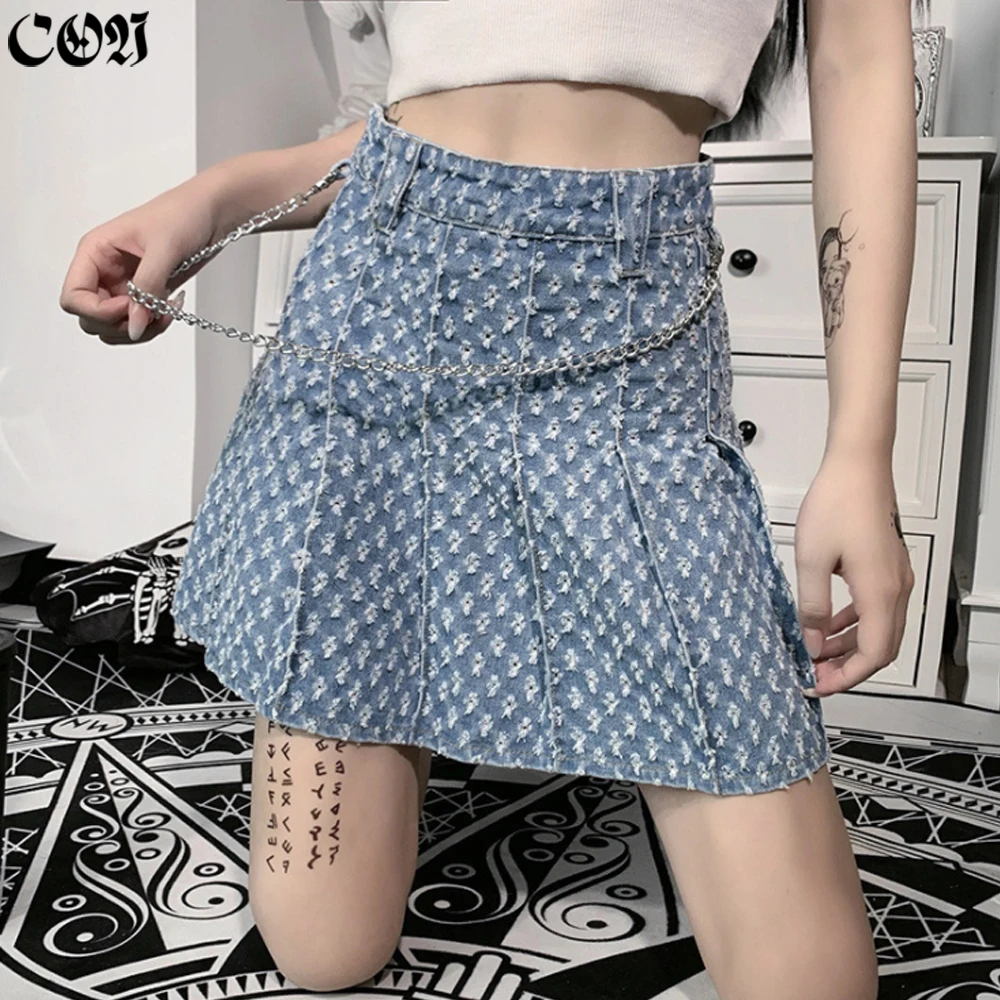 

Женская джинсовая плиссированная юбка в горошек, с высокой талией и цепочкой