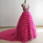Красивое платье для выпускного вечера, на тонких бретелях, с цветочным рисунком, с многослойными оборками, из тюля, Розовое Бальное Платье со шлейфом