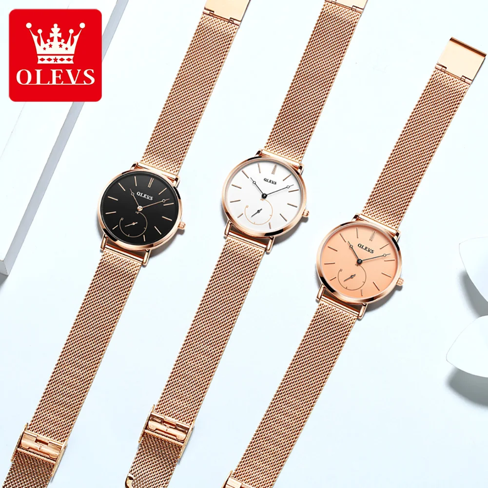 Новинка 2021, Брендовые женские часы OLEVS, модные женские кварцевые часы, браслет с черным циферблатом, простые роскошные женские часы из розового золота с сеткой