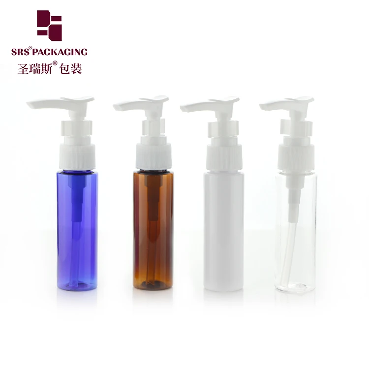 

Fast delivery 30ml clear blue white brown round shape refillable PET material small lotion bottle with long lotion pump