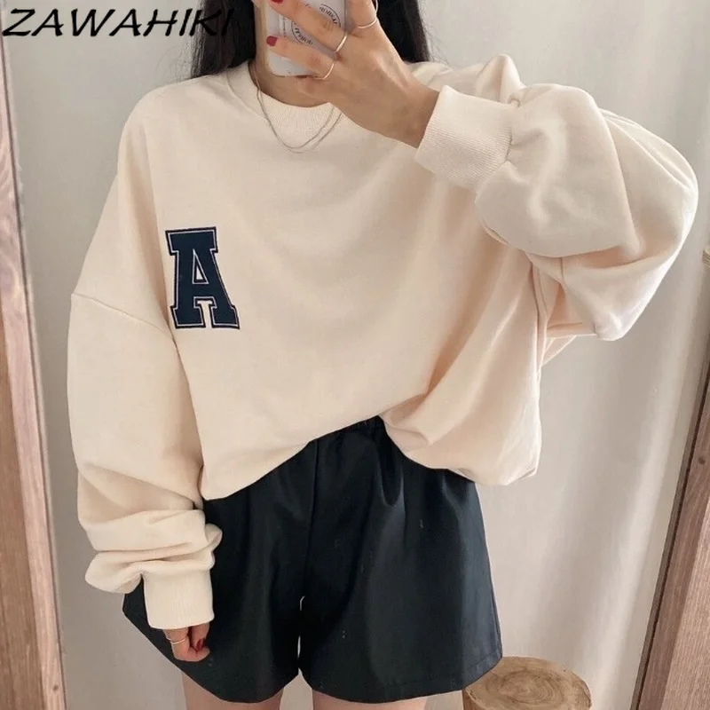 

Осенняя простая свободная Толстая Повседневная Толстовка zawхиты С Вышивкой Букв, круглым вырезом и длинными рукавами-фонариками, женские м...