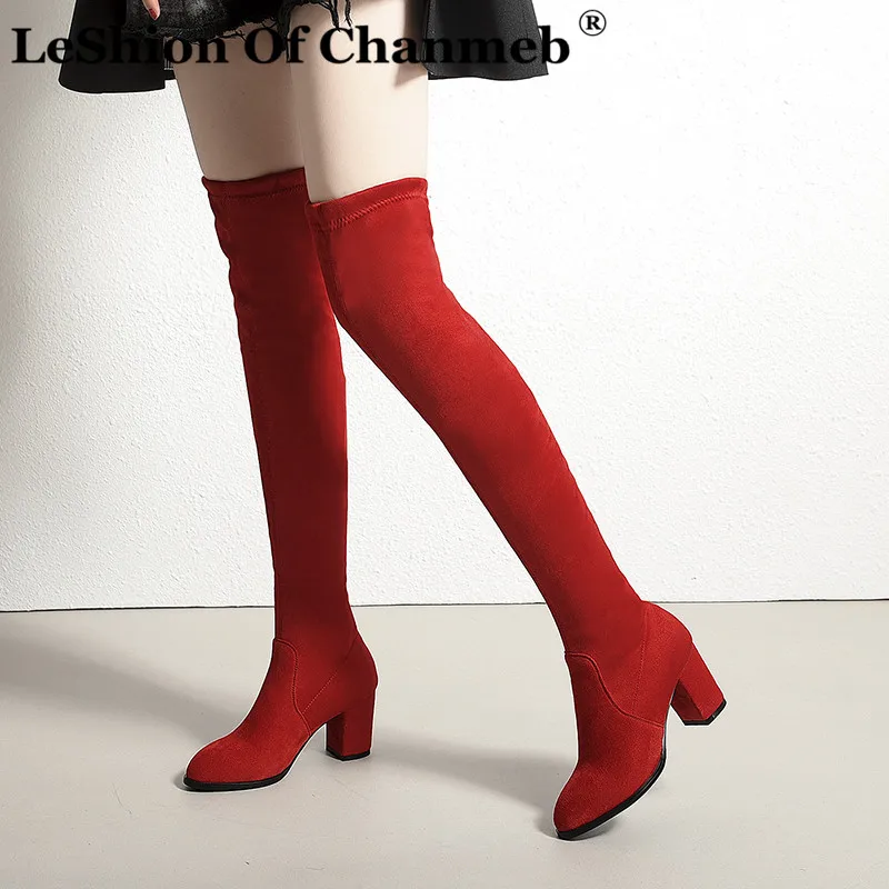 

LeShion Of Chanmeb Fashion Women Big Plus Size 43 Stretch Over-the-Knee High Boots Autumn Winter Party Casual Shoes Block Heeled