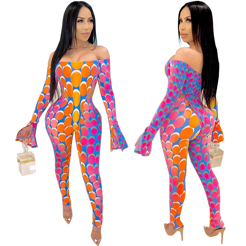

High Street Colorful Dot Print Two Piece Set Spring New Design Sexy Women Bare Shoulder Flare Sleeve Bodysuit And Trousers Suit
