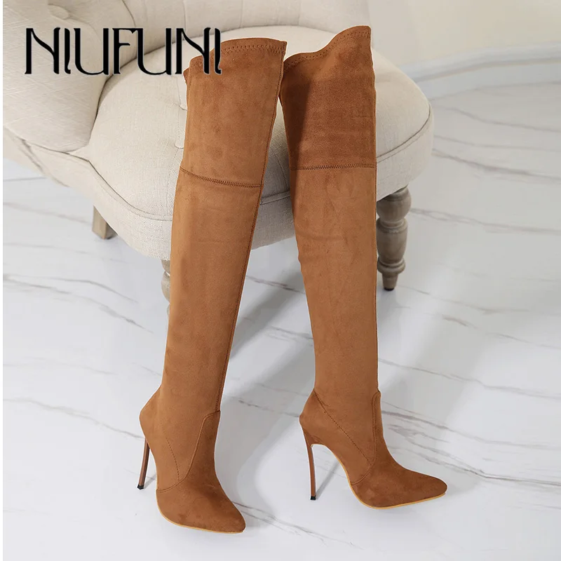 NIUFUNI 2021 Lady Sexy Over The Knee Boots High Heels Autumn Pointed Toe Suede Shoes Woman Comfortable Slim Stretch Botas Mujer