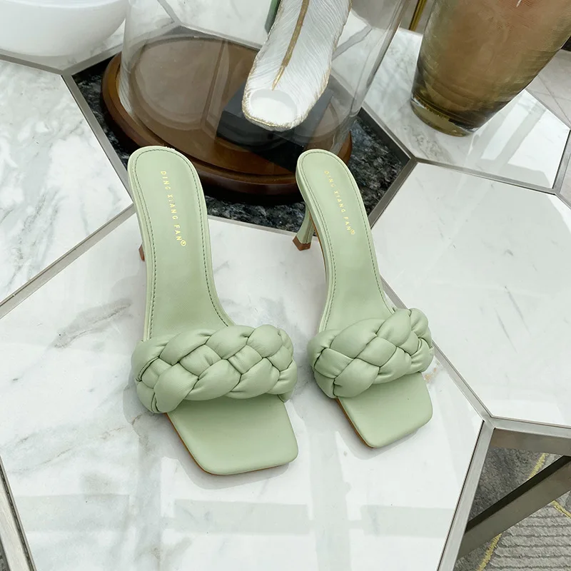 

Shoes Ladies' Slippers Thin Heels Square Toe Luxury Slides Heeled Mules Designer High Soft Concise Rubber Fashion Rome PU Super