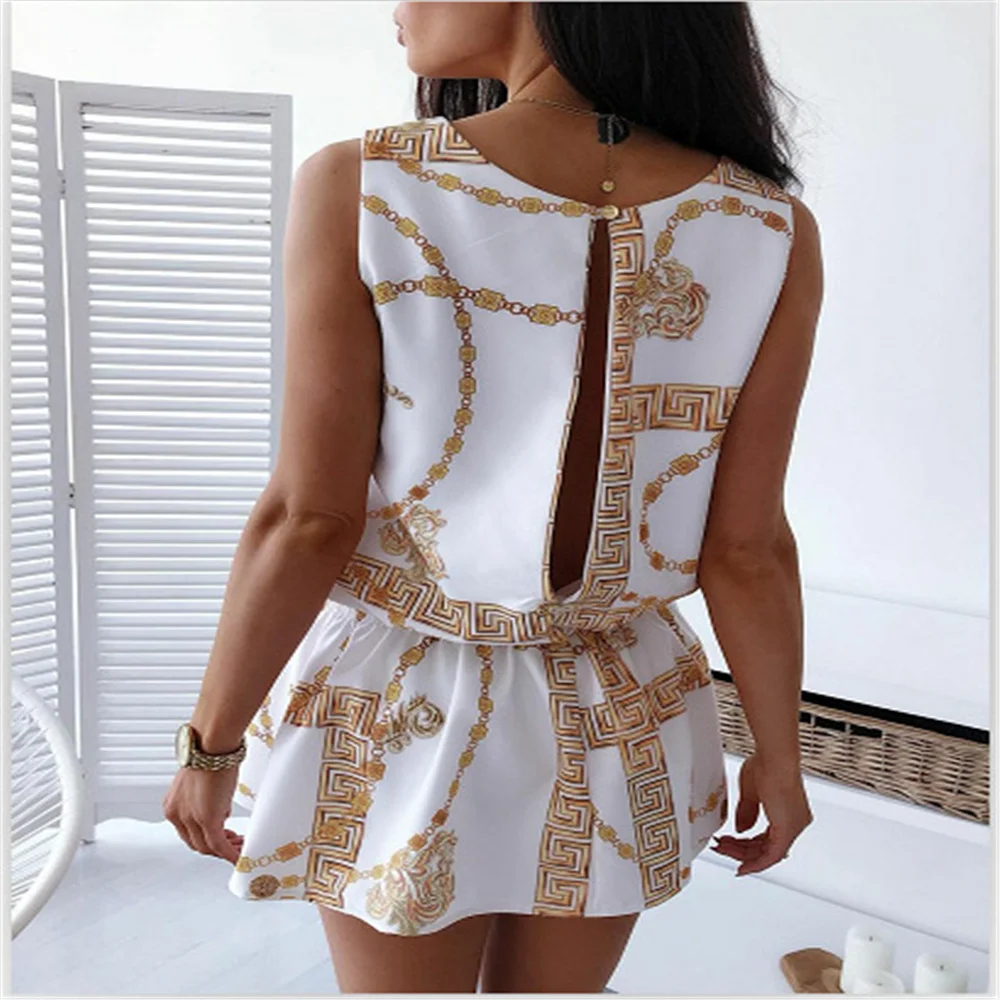 

SSEURAT Office Lady Elegant O-Neck Sleeveless A-Line Dress Summer Sexy Chain Print Party Dresses Women Casual Loose Dress