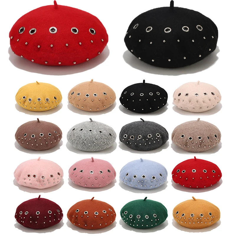 Новинка женская зимняя шапка берет Женская Шерстяная кепка с заклепками 16 цветов