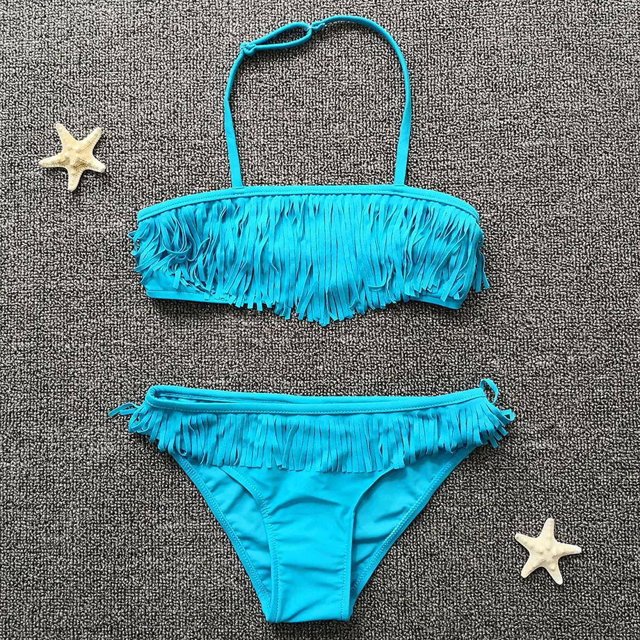 

7-16 Years Girl Swimsuit Kids Fringe Tassel Teenager Bikini Solid Two Piece Children Swimwear Child Girl Swim Wear Bathing Suit