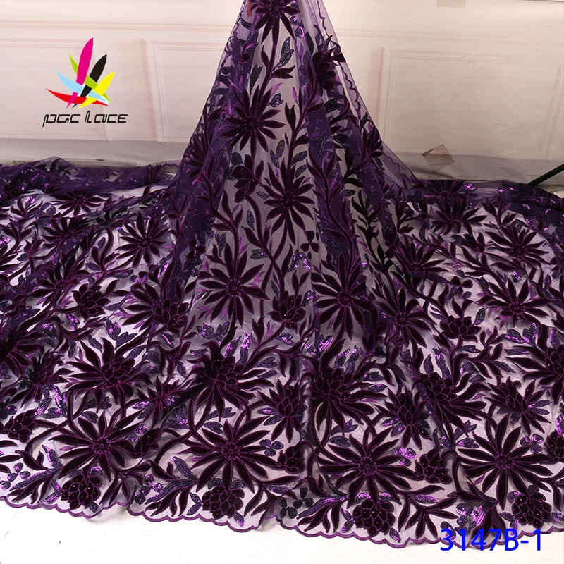 Лучшее качество африканская бархатная кружевная ткань фиолетовая с блестками