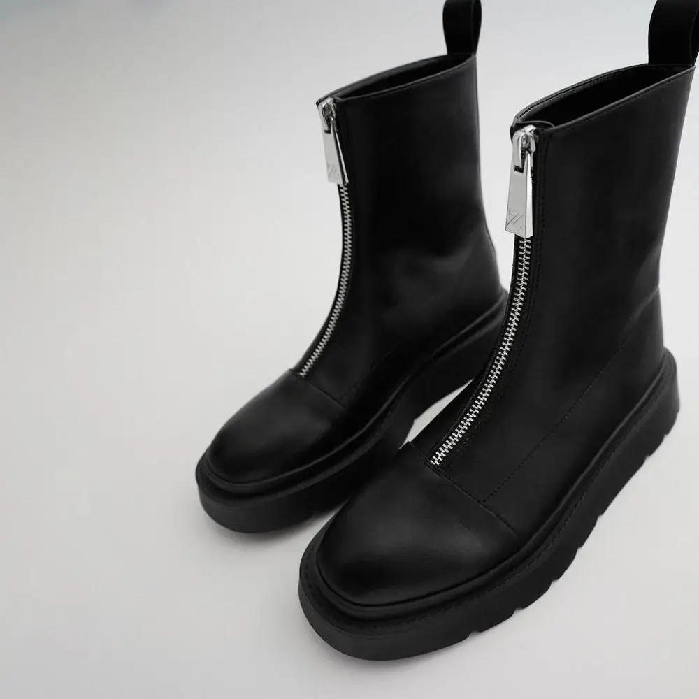 

2022 New TRF Women's Boots Autumn Winter Shoes Black Zipper Flat Ankle Boot Female Motorcycle Boots Luxury Brand Large Size 40