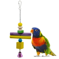1pc colorful blocks toy protective wooden bird chew toy with bell hanging pendant toy for pet parrot cage bird supplies pet toy