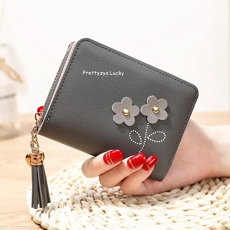 

Flower Tassel Zipper Women Wallet Leather Short Coin Purse Cards Holder Money Bags Mini Wallet Flower Wallets Girls Carteira
