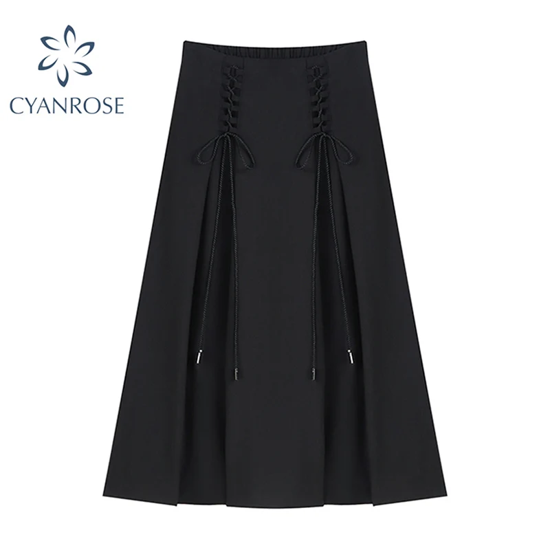 Women's High Waist Mid Long Folds Skirts Y2K Trendy Lace Up Streetwear Vintage Female Loose Casual A