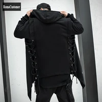 black mens trench male loose hip hop cloak irregular design hooded outerwear vintage streetwear high street punk style jackets