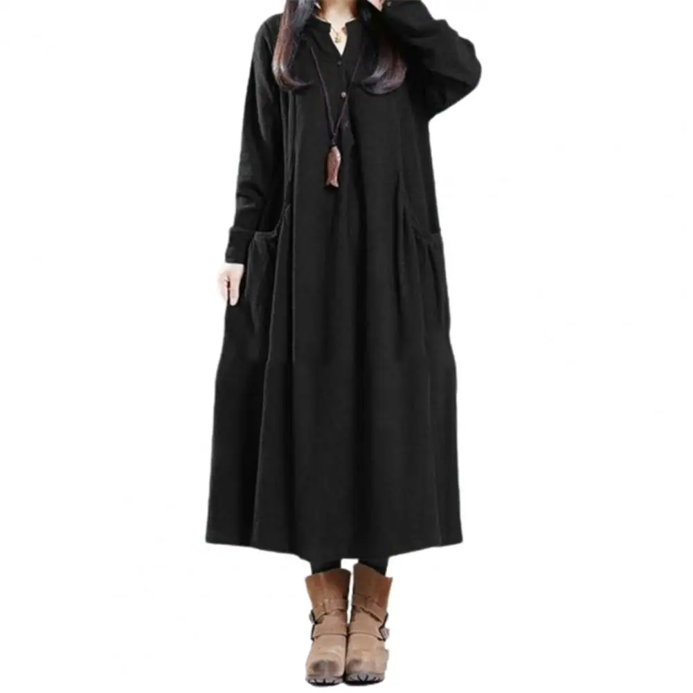

Casual Women Dress Solid Color Buttons Autumn Winter Literary Style Pockets Dress for Daily Wear Women's Clothing 2022 Black 5xl
