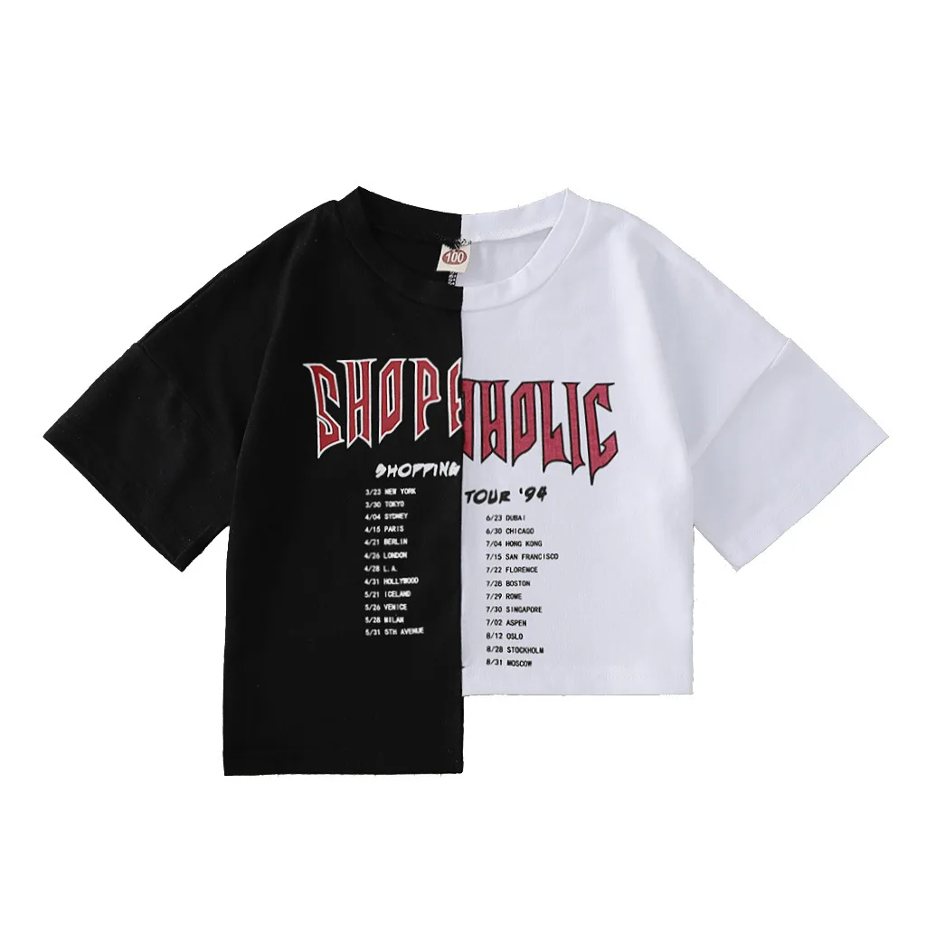 

2021 Summer Children Casual Cotton Short Sleeve O Neck Asymmetry Patchwork Letter Baby Girl Or Boys T-shirt 3-10T