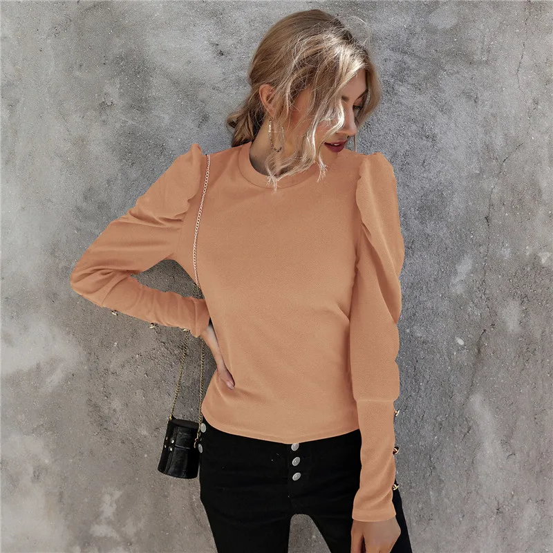 

Women Blouse 2020 Fashion Long Sleeve Solid Color Top Long Sleeve Round Neck Shirt for Women Ladies Office Wear Streetwear