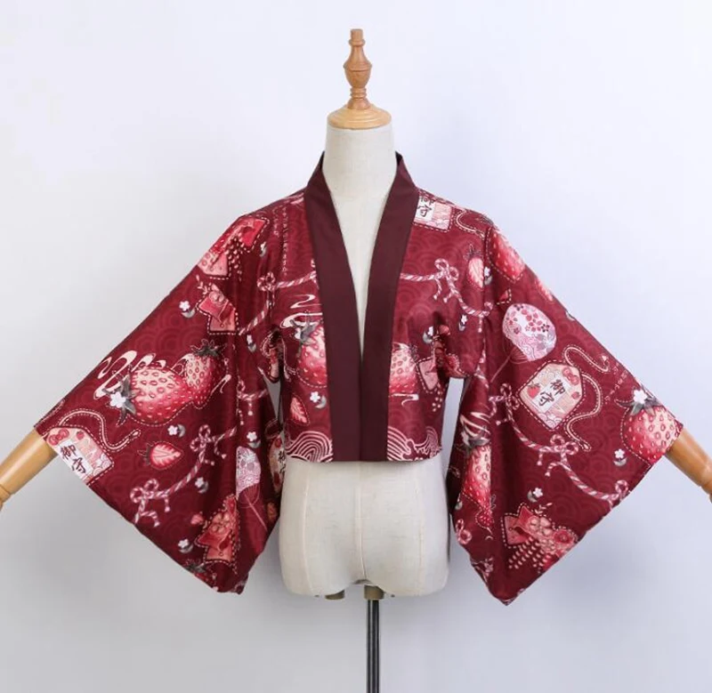 Short Haori Red Японский стиль кимоно куртка Красный милый клубника длинное пальто Haori - Цвет: Short Haori Red