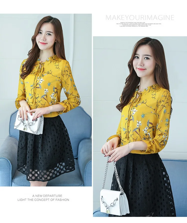 

New Long-sleeved Blouse Floral Chiffon Top Lapel Loose Comfortable Fashion blouses Casual Summer Korean Women's Shirt