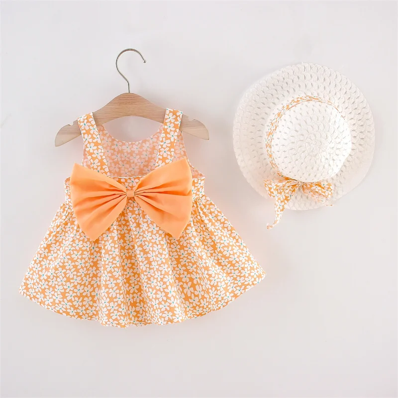 

Summer Newborn Baby Clothes Infant Girl Clothes Korean Cute Flower Print Sleeveless Cotton Beach Dress+Sunhat Princess Dresses