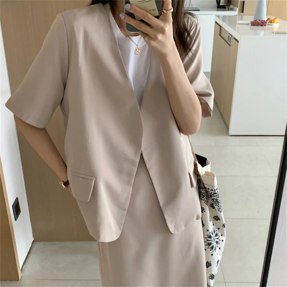 

동대문 Harajuku New Summer Elegant Short Sleeves Chic Slim Blazers +Solid Femme Streetwear A-line Skirts Two Piece Suits Sets